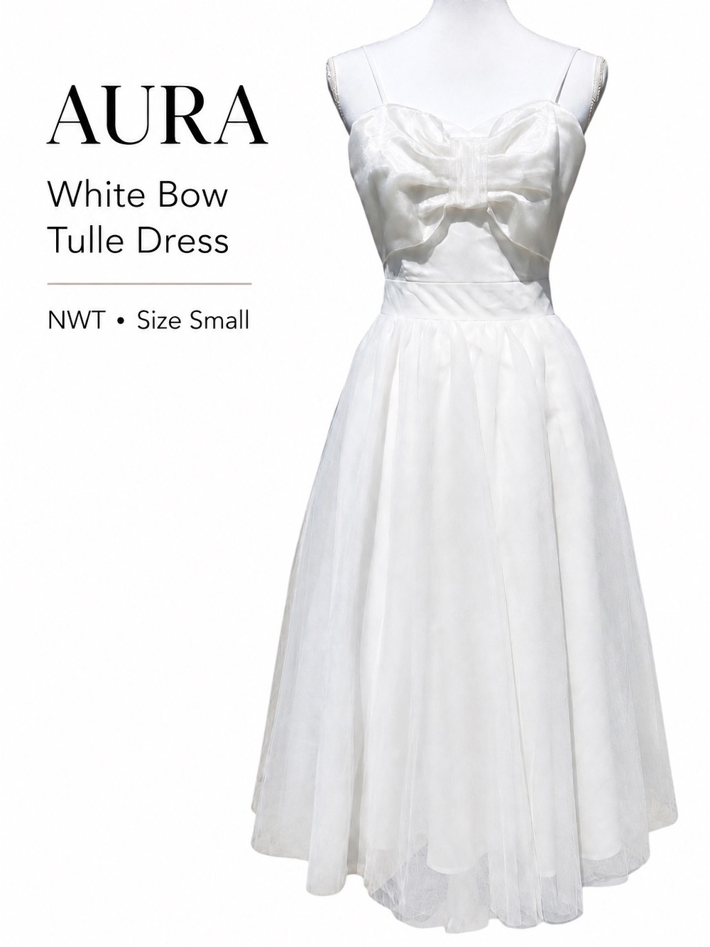 NWT AURA Red Dress White Bow Tulle Midi Dress Size Small